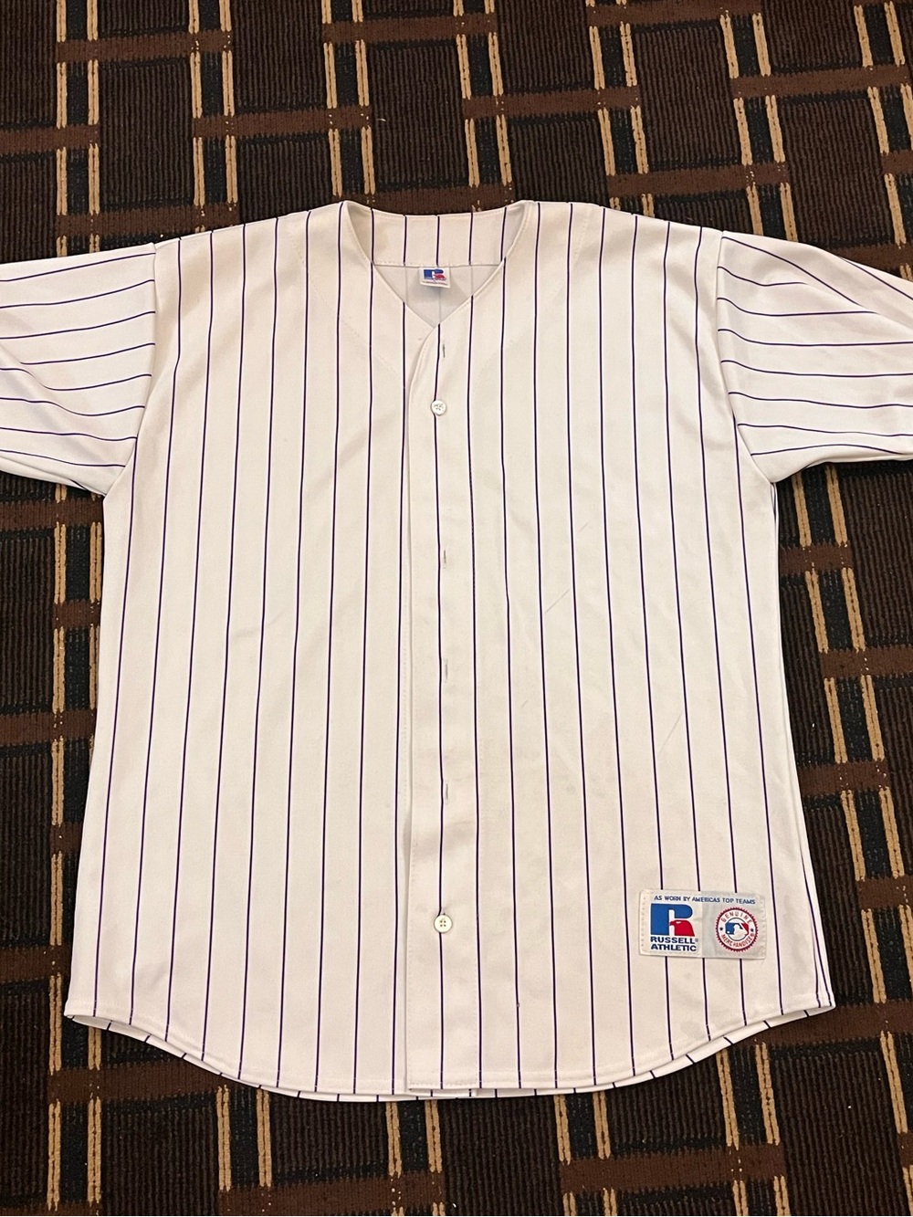 Vintage 90’s Russell Baseball Jersey Blank Purple Stripes USA Large L